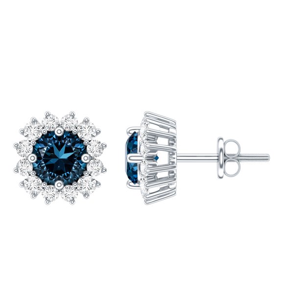 Rosec Jewels London Blue Topaz and Diamond Halo Stud Earrings for Women, 925 Sterling Silver