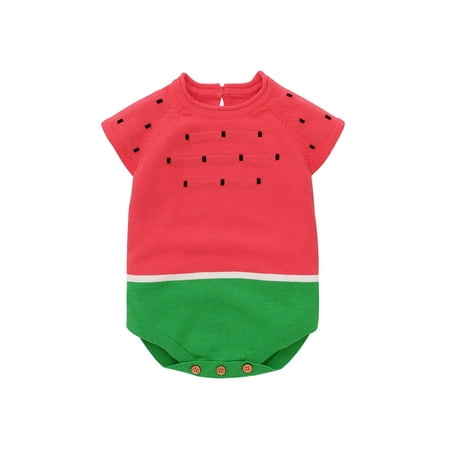

Baby Knit Romper Short Sleeve Contrast Color Watermelon Bodysuit