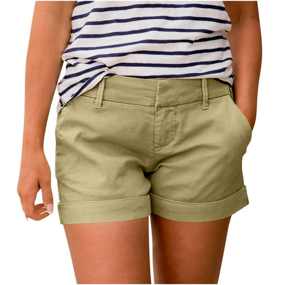 Summer Saivngs! cocolona Summer Shorts for Women Elastic Waist Buckle Work Shorts Cute Solid Color Cargo Shorts with Pockets Khaki XL