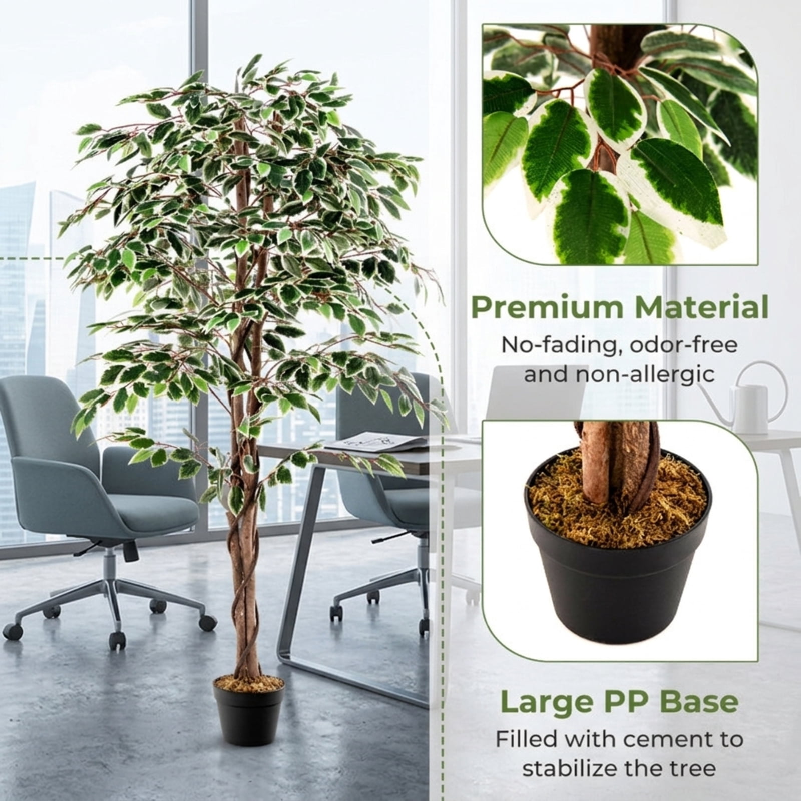 Vebreda Artificial Plant Decor, Artificial Ficus Tree Tall Faux Indoor Plant with 1008 Leaves Nursery Pot and Dried Moss, Multi-scene Application