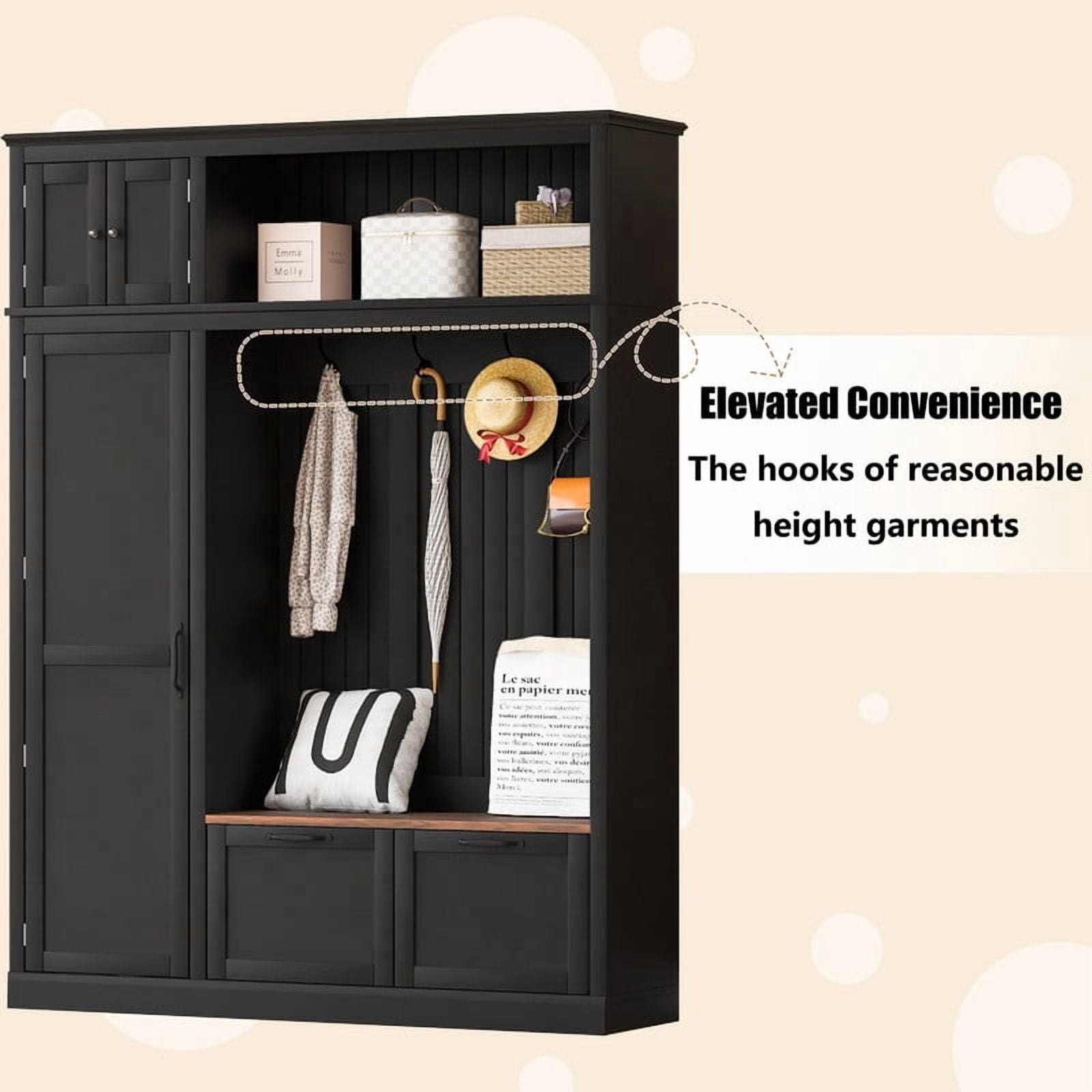 3-in-1 Hall Tree with Storage Cabinet & Adjustable Shelves, Heavy-Duty Storage Bench Entryway Organizer with Hooks & Drawers