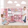 thumbnail image 4 of Costway Corner Play Kitchen Toddler Kitchen Playset with Range Hood, Ice Maker, Microwave Pink, 4 of 10
