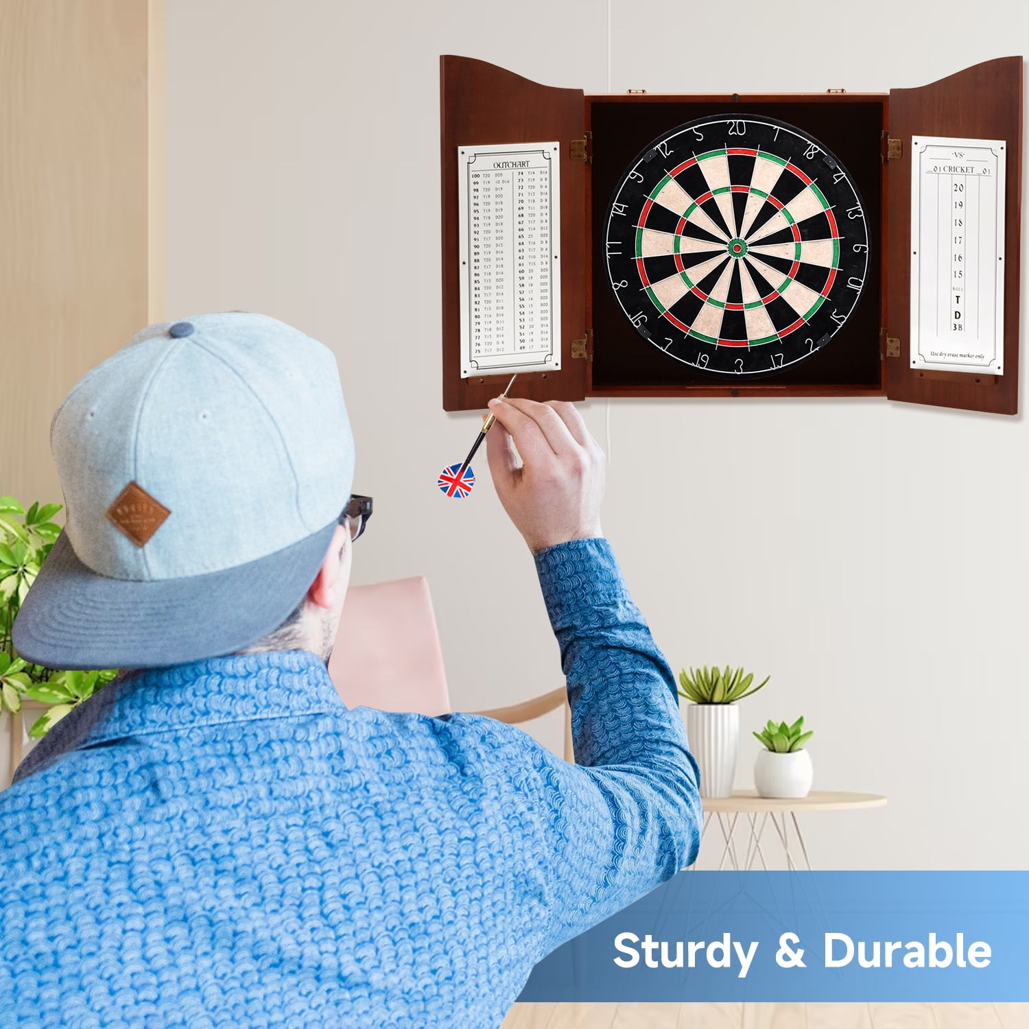 GSE Games & Sports Expert Deluxe Solid Wood Classic Dartboard Cabinet Set with Sisal Fiber Dartboard, Dart Scoreboard and 6 Steel Tip Darts for Target Game Indoor Game (Walnut)