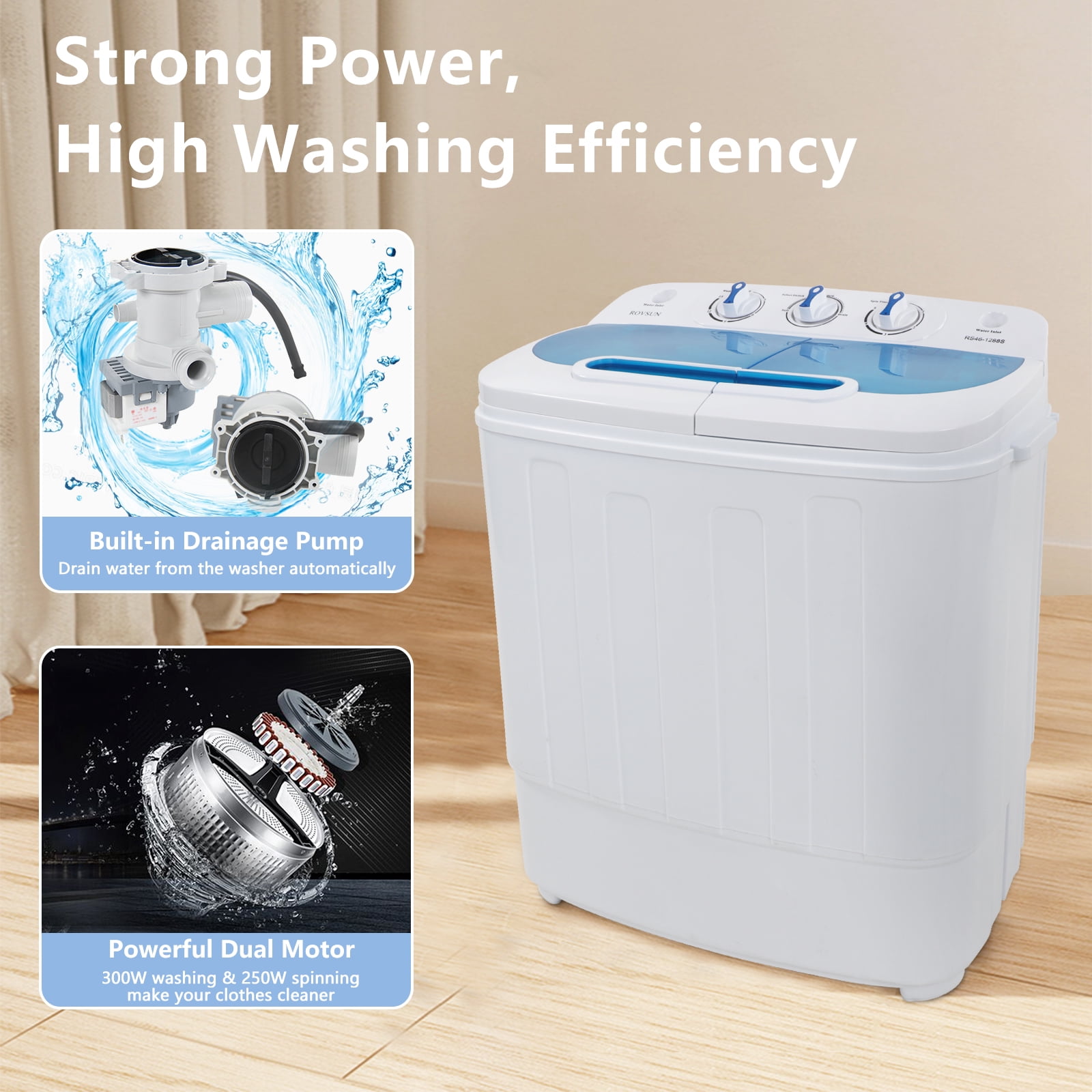  FXLCMUS Portable Laundry Machine with Built-in Drain Pump  15lbs(9lbs+6lbs) Semi-Automatic Twin Tube Washing Machine,Suitable for  Dorms Apartments and Home,White & Blue : Health & Household