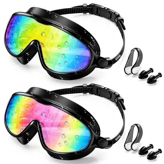AEGEND Adult Swim Goggles 2 Pack, Wide View Anti-Fog UV Protection Swimming Goggles for Men & Women, Leakproof Silicone Seal with Nose Clip, Ear Plugs & Mesh Bag