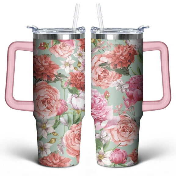 30oz Pioneer Tumbler with Handle Lid and Straw,Bohemian Style Colorful Floral Vintage Tumblers Gifts for Women Girls Men Adults Pink