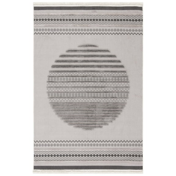 SAFAVIEH Urban Thornton High Low Circle Striped with Fringe Area Rug, Grey/Light Grey, 8' x 10'