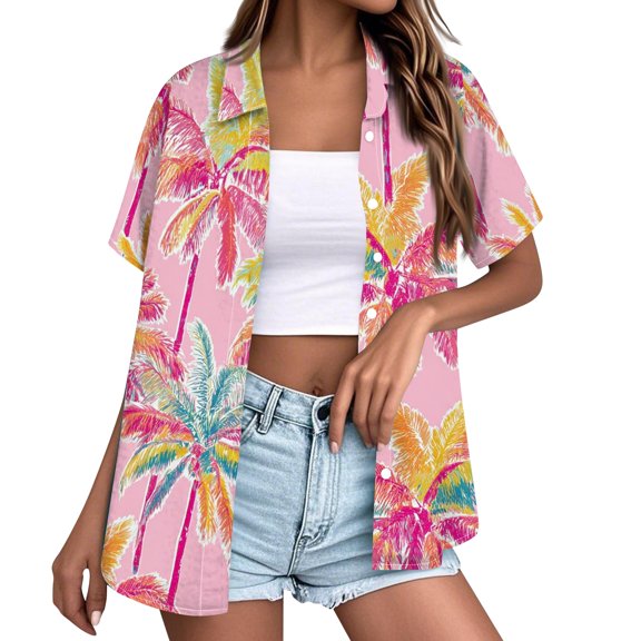 ASDFVBKG Womens Hawaiian Shirt Hawaii Button Down Shirts Palm Floral Tropical Vacation Outfits Casual Summer Trip Blouse Top Pink L