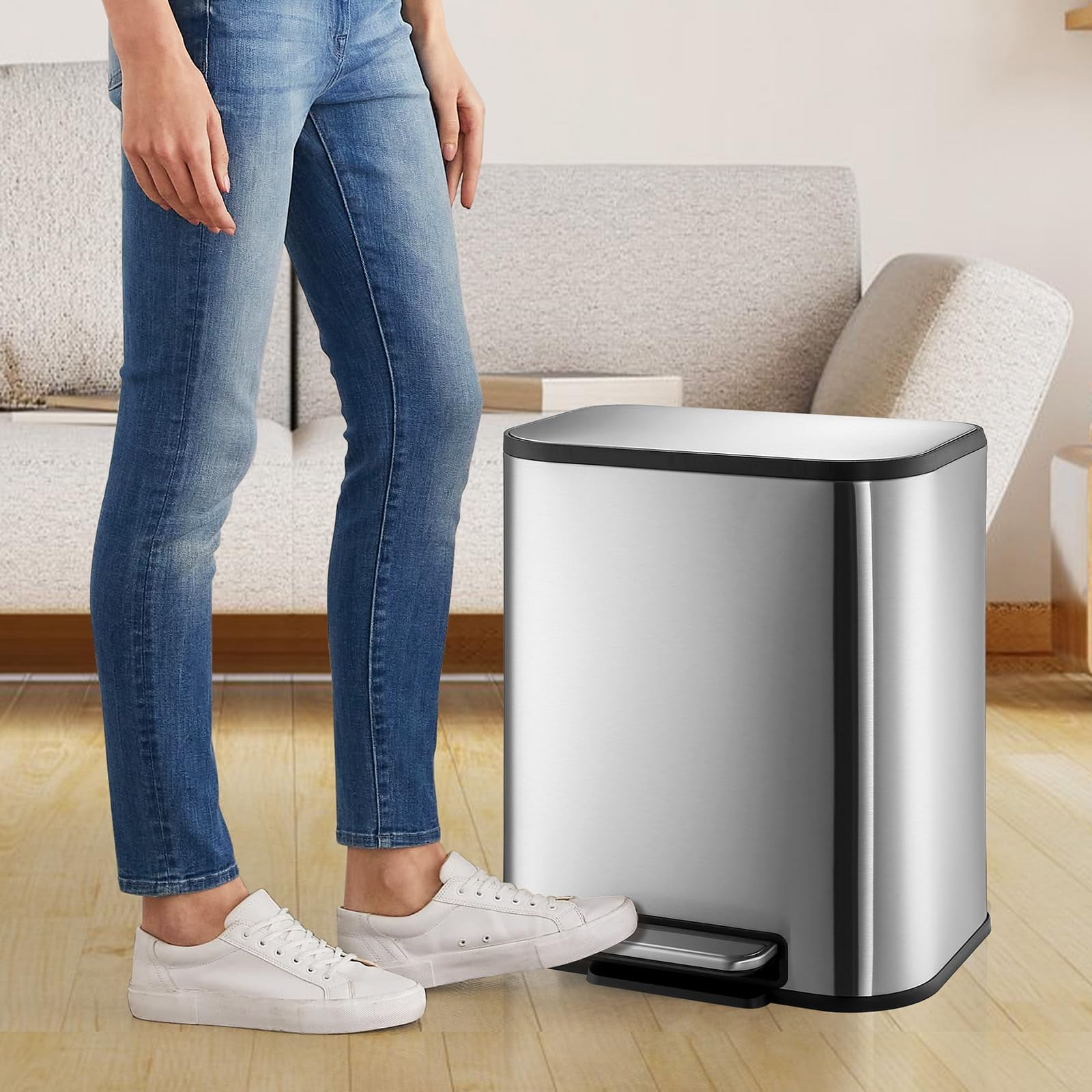 Roromall Kitchen Trash Can, 3.2 / 5.2 / 8 / 13.2 Gallon Stainless Steel Garbage Can, Step On Trash Can with Quiet Close Lid & Inner Bucket for Kitchen Office