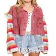 thumbnail image 1 of Women Denim Patchwork Jacket Button Down Distressed Cropped Denim Jacket Striped Pattern Long Sleeve with Pockets Streetwear, 1 of 8