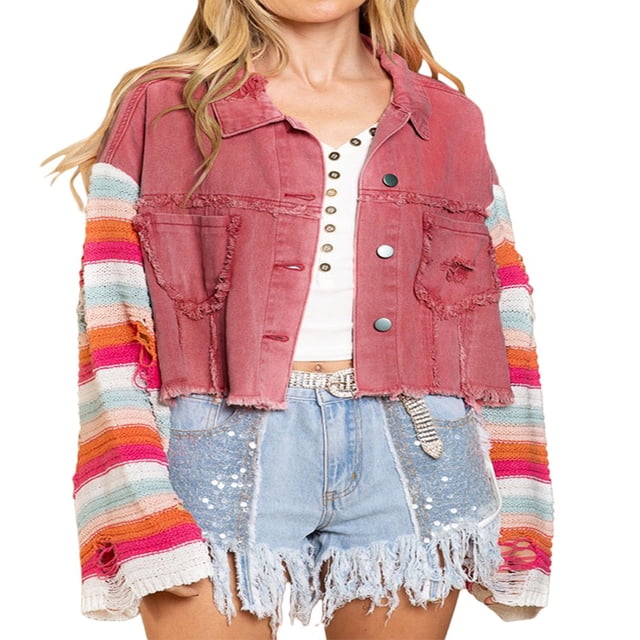 Women Denim Patchwork Jacket Button Down Distressed Cropped Denim Jacket Striped Pattern Long Sleeve with Pockets Streetwear