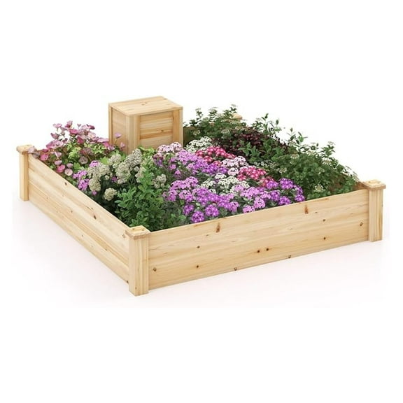 Raised Garden Bed with Composter, 49"x49"x10" - Fir Wood Elevated Planter Box for Vegetables, Flowers & Fruits - Outdoor Above Ground Gardening