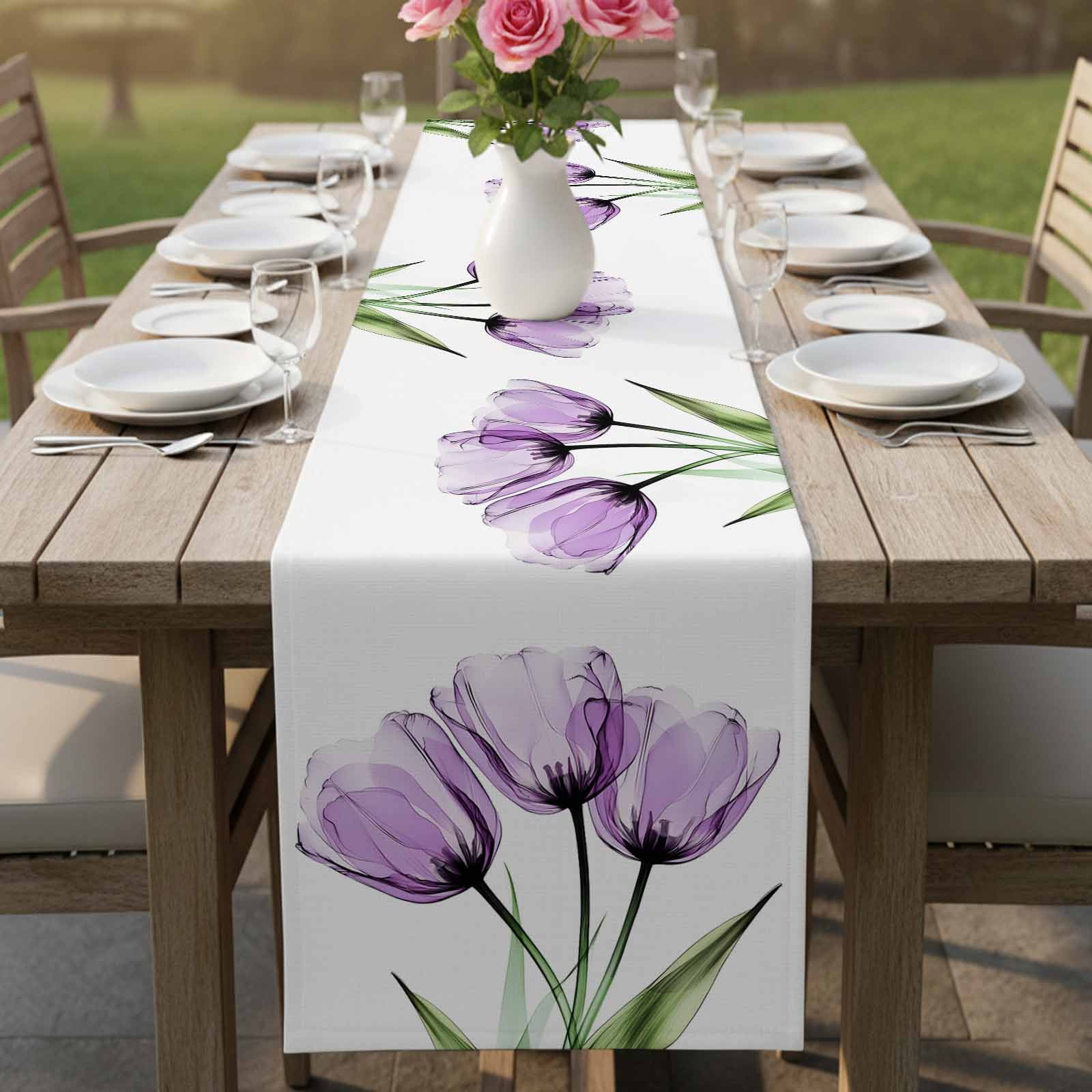 Purple Tulip Table Runner, Modern Blossom Pastel White Floral Petal Washable Cotton Linen Table Runners 108 Inches Long, Dresser Scarf Runner for Dining/Living Room/Kitchen/Square Tables 13''x108''