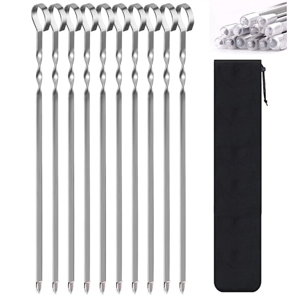 Kabob Skewers 14" Stainless Steel Long BBQ Barbecue Skewers, 12pcs Flat Metal Sticks Wide Reusable Grilling Skewers for Meat Chicken