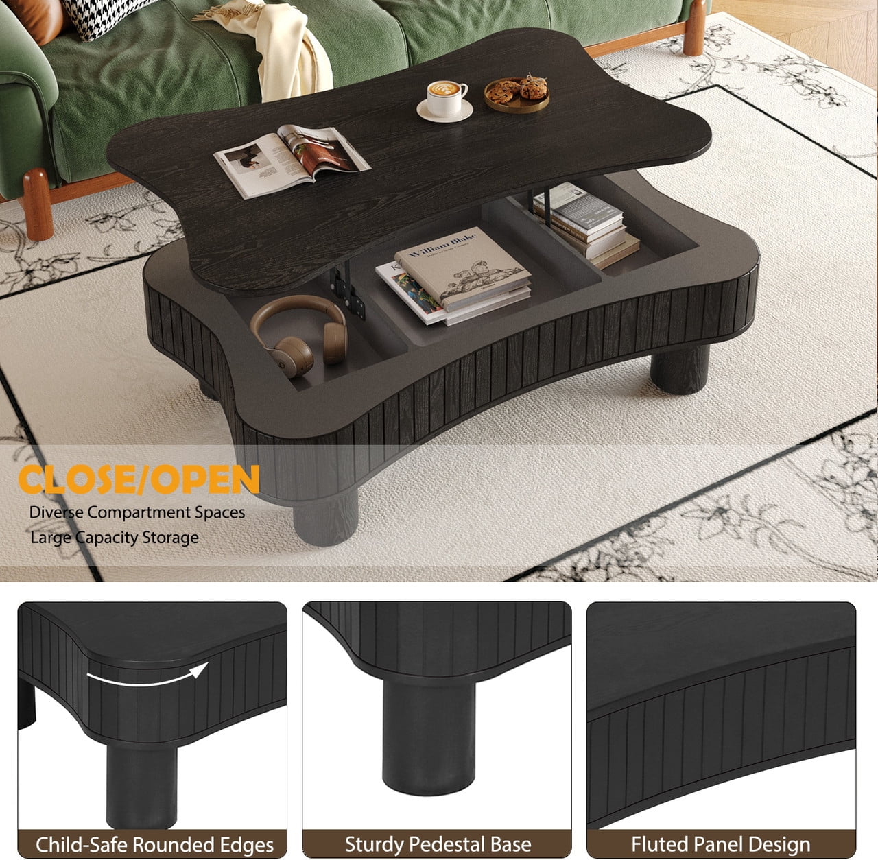 42" Lift Top Coffee Table with Hidden Storage, Fluted Panel Center Table with Hydraulic Lift, Rounded Corners, Wood Living Room Coffee Table for Small Spaces, Black