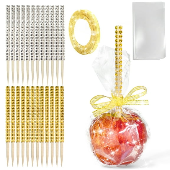 Betus 24 Pack Glitter Candy Apple Stick and Bags Kit - Including Glitter Ribbon, Bling Wooden Stick and Transparent Bags for for Caramel Chocolate Candy Apple, Rice Krispie, Treats Cookie and Cakes