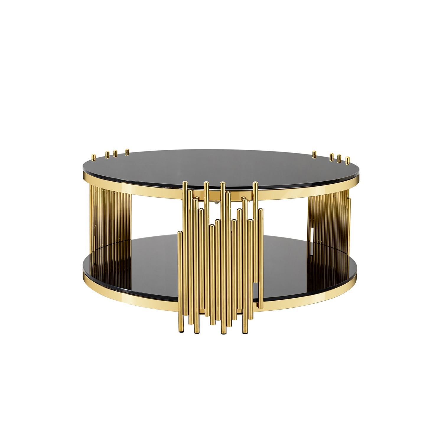 Hommoo Modern Round Coffee Table with Double-Tier Tempered Glass & Stainless Steel Frame, 31.5" Diameter, Easy Assembly, Living Room, Office & Bedroom Use, Black & Gold