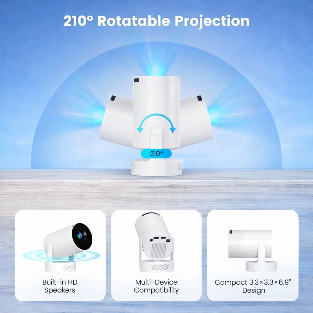 THRIVE STUDIO HY300 Mini Projector, Portable Smart Projector with WiFi 6 Bluetooth 5.4, 1080P Support 4K, Android 11, Auto Keystone, 210 Rotatable Home Theater Projector for Outdoor Movies