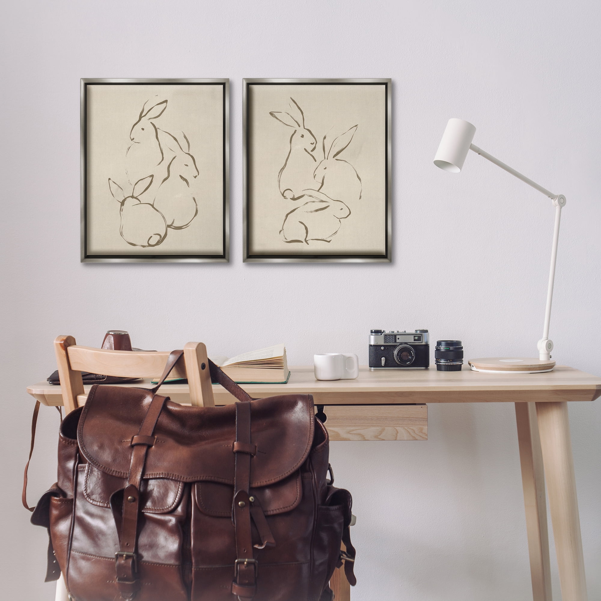 Stupell Industries Earthtone Sitting Rabbits Sketch Animals Drawing Gray Floater Framed Canvas Art Print Wall Art, 17 x 21, Set of 2