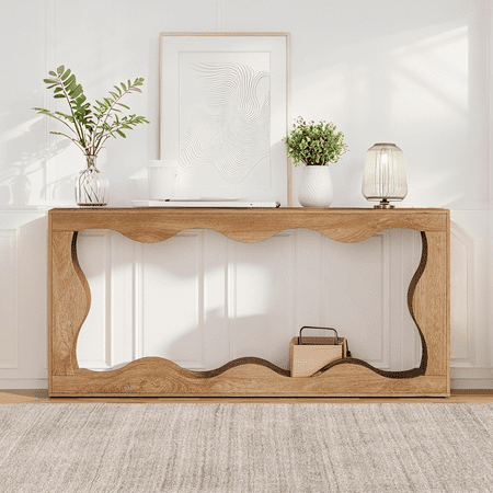 Tribesigns Farmhouse Console Table 63-Inch Scalloped Console Table Industrial Wooden Wavy Console Table with Storage for Entrance Living Room (Wood Grain)