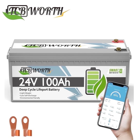 24V 100AH LiFePO4 Lithium Battery Bluetooth,for RV,Solar,Trolling Motor,Marine,off Grid,Boat,Camper,TCBWORTH 15000 Deep Cycles,Smart 100A BMS