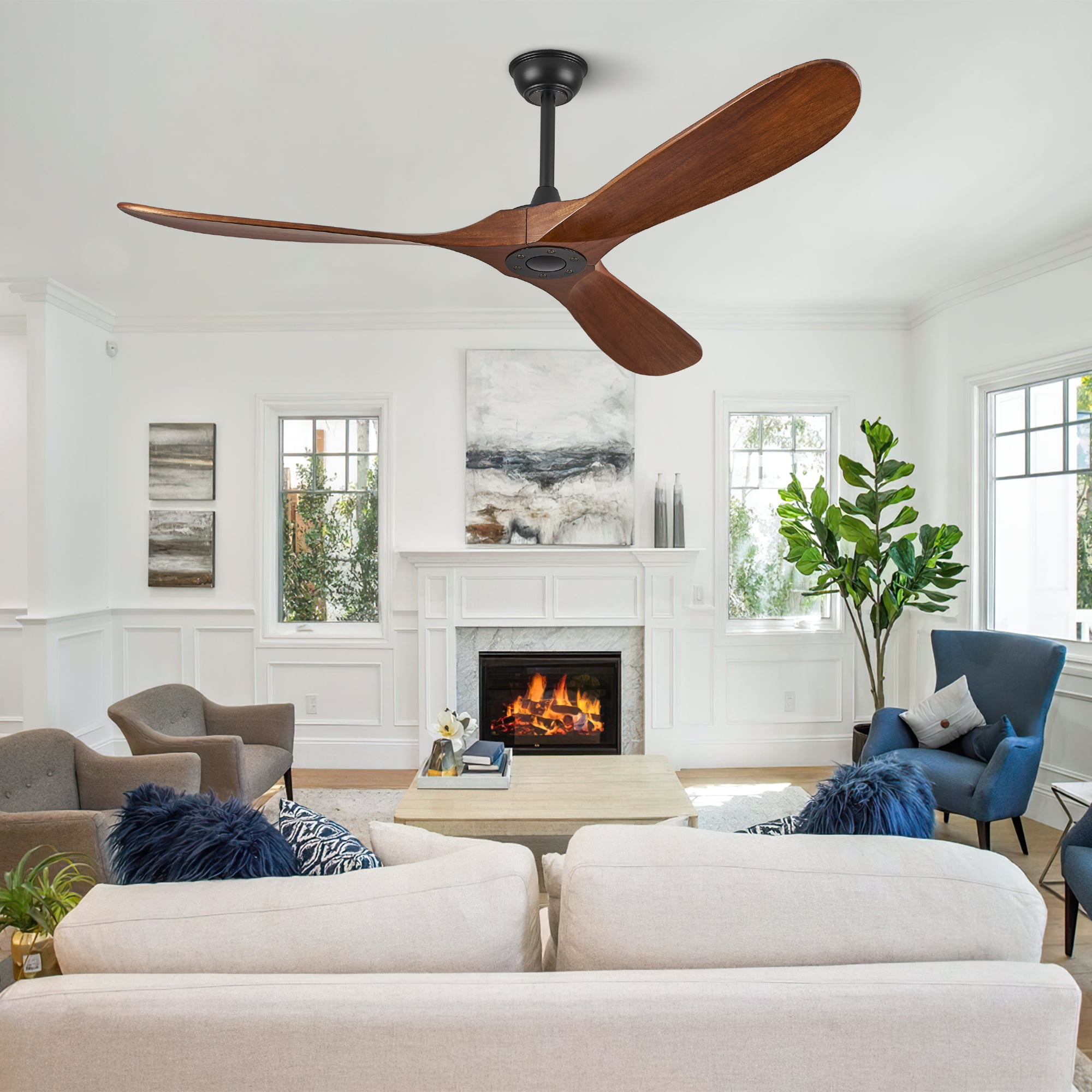 62'' Modern 3-Blade Ceiling Fan (No Light) – Solid Walnut Wood Propeller Ceiling Fans, Quiet DC Motor & Standard Remote Control | Indoor/Outdoor Use for Patio, Coastal & Farmhouse Spaces