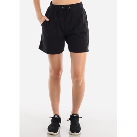Womens Juniors Casual Basic Everyday Hiking Workout Gym High Waist Drawstring Waist Activewear Fleece Solid Black Bermuda Shorts 40288X