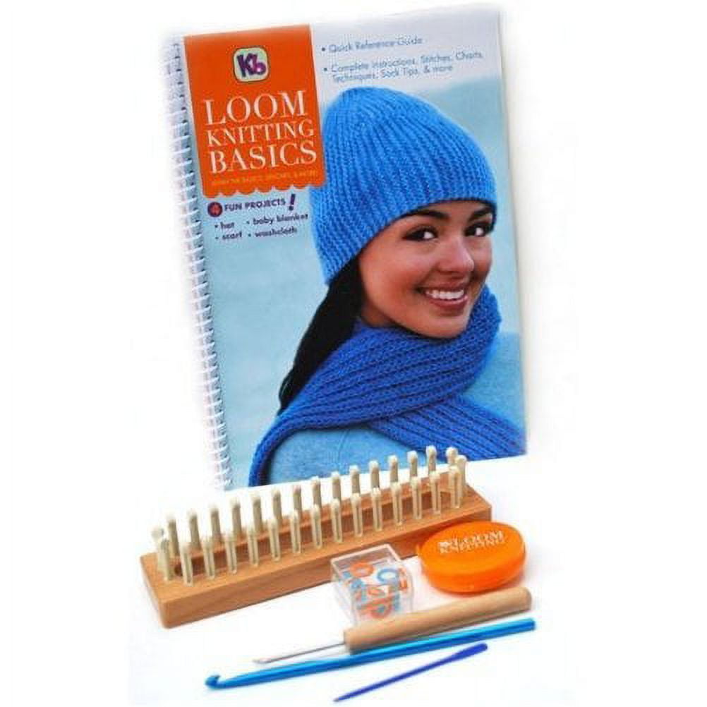 Authentic Knitting Board Loom Knitting Basics Kit With 32 Peg Wood Knitting Loom, How-to Guide Book, Loom Knitting Tools