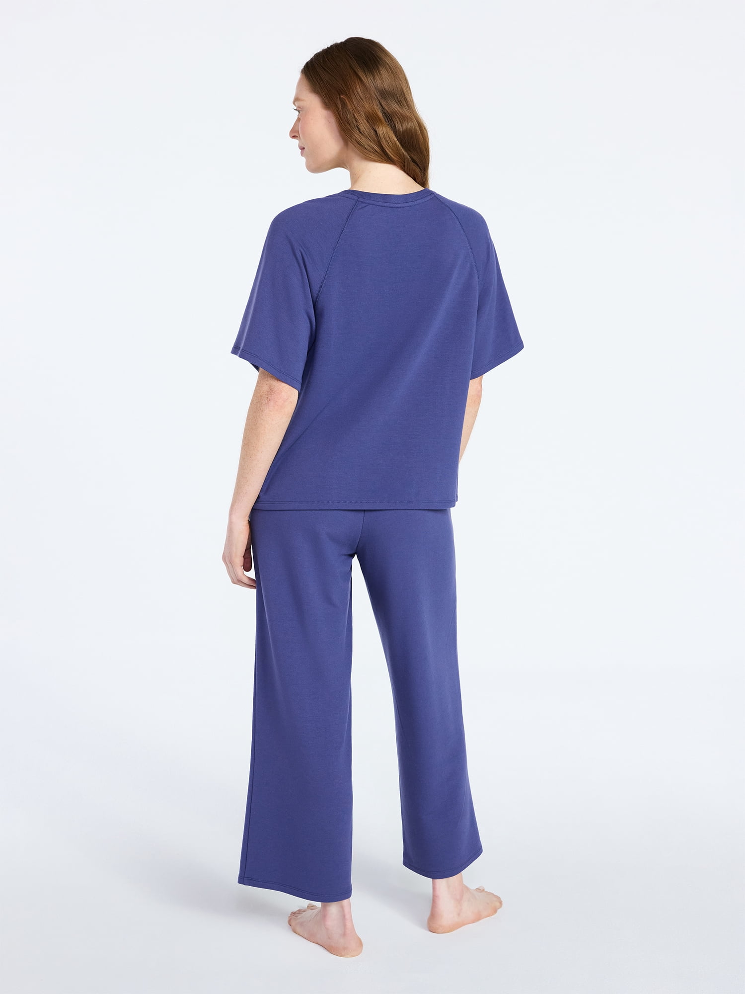 Joyspun Women's French Terry Lounge Sleep Short Sleeve Top and Capri Pants Set, 2 Piece, Sizes XS-3X