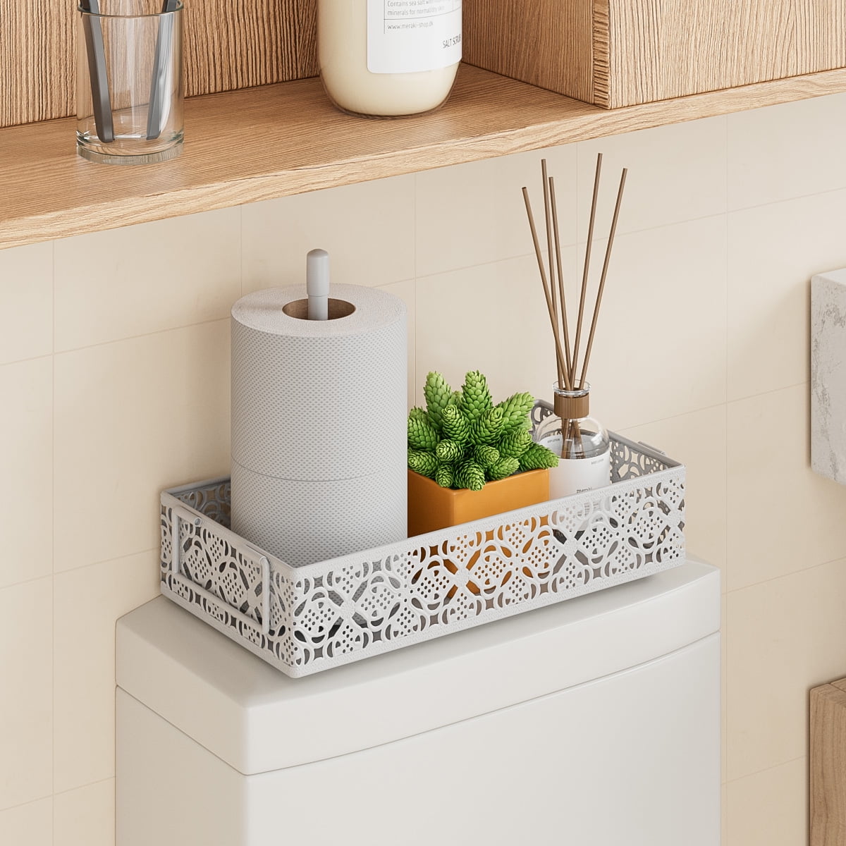 Toilet Tank Topper Paper Basket - White Bathroom Basket Decor Box with Magnetic Paper Towel Holder for Organizing