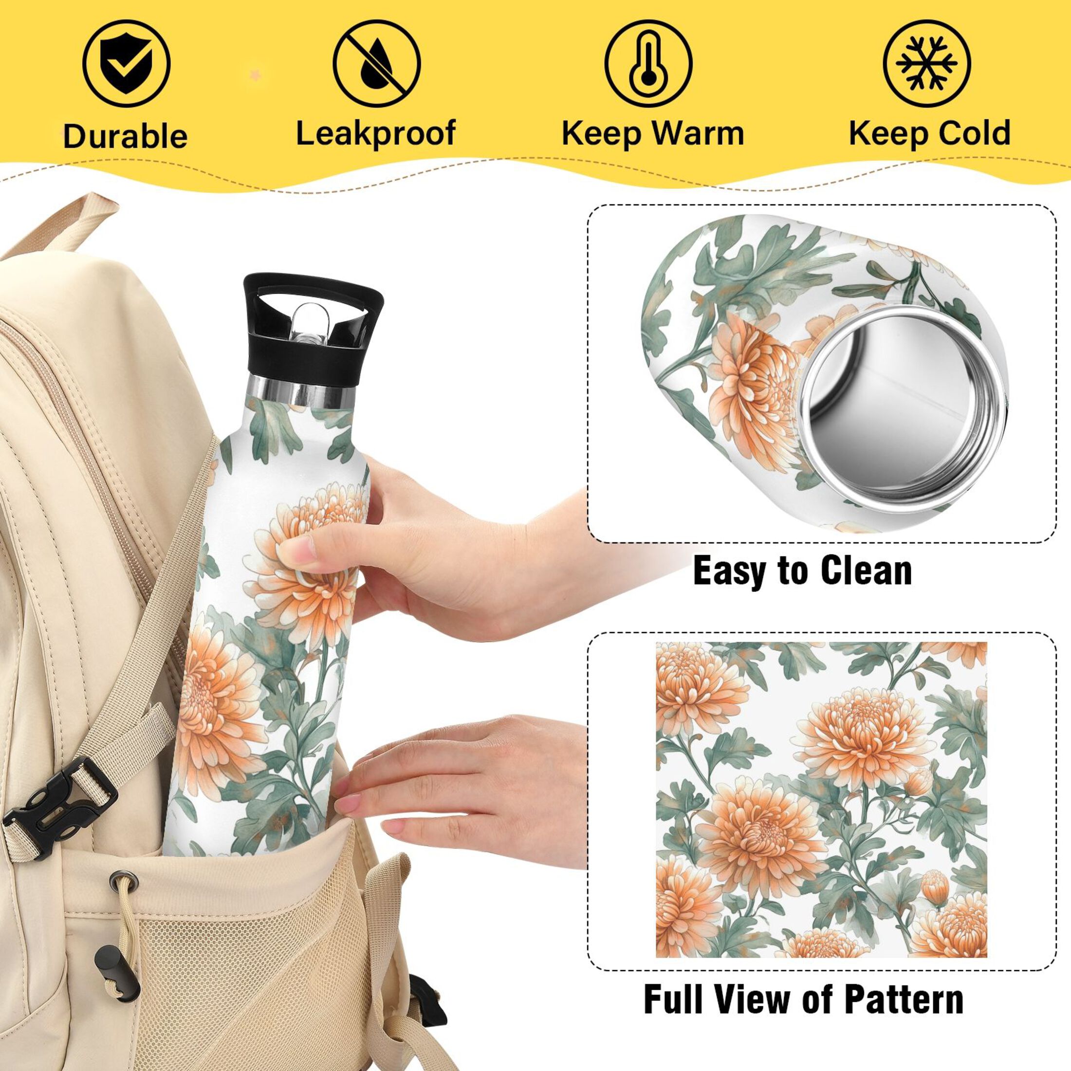600ML Stainless Steel Insulated Cup Sports Water Bottle Portable Thermos Cup Water Glasses Insulated Tumblers Convenient and Durable Chrysanthemums Coral