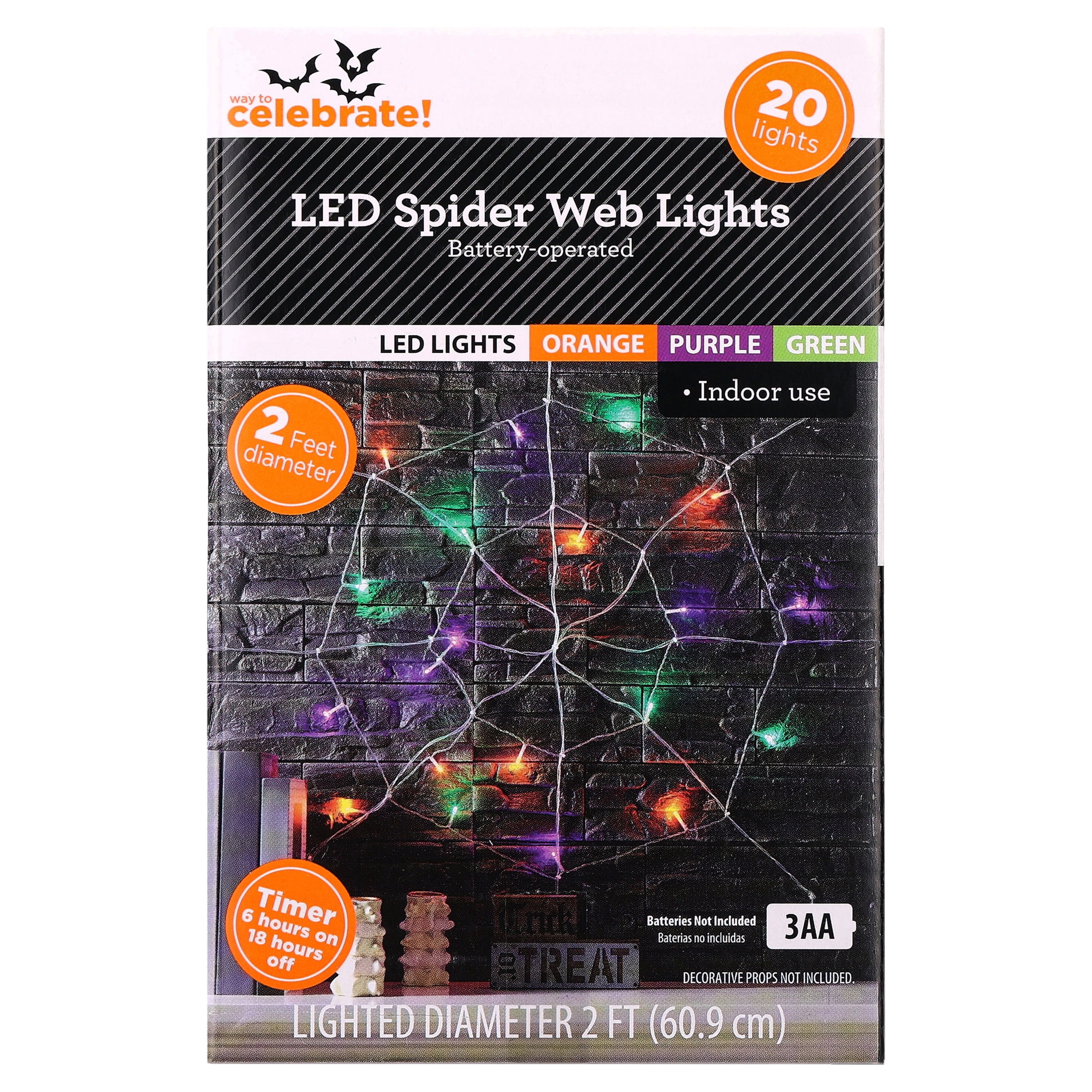 Indoor 20-Count Battery-Operated LED Spider Web Lights, Multicolor, 2', Halloween by Way To Celebrate