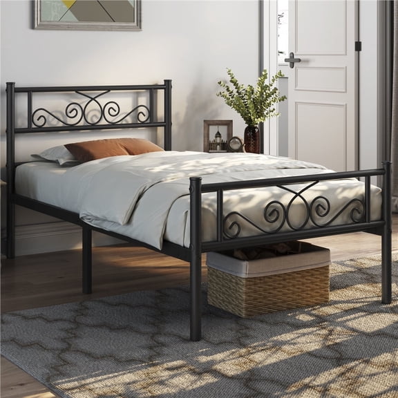 Yaheetech Twin XL Metal Bed Frame Scroll Headboard & Footboard, Black
