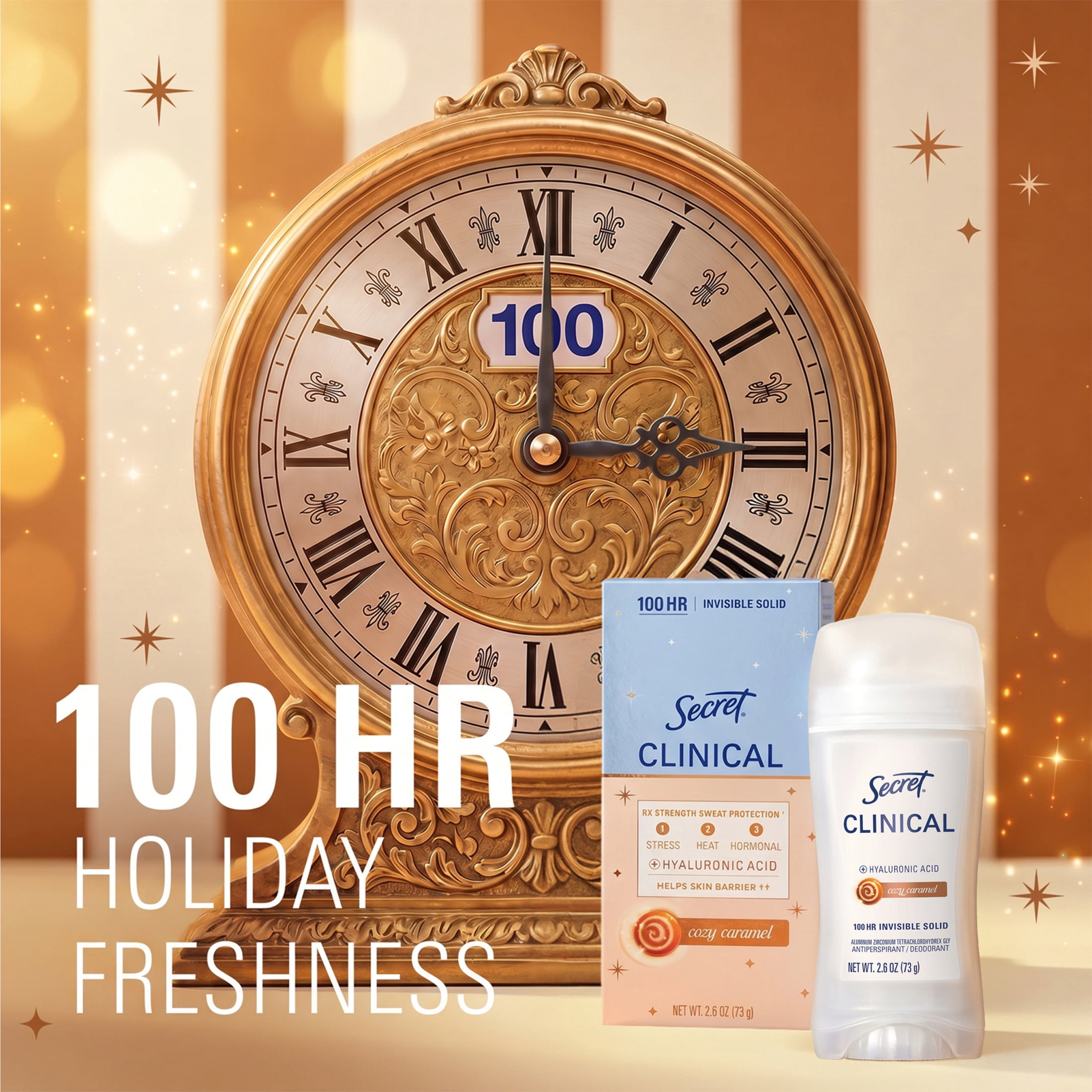 Secret 100HR Holiday Clinical Antiperspirant Deodorant for Women, Hyaluronic Acid, Invisible Solid, Cozy Caramel, 2.6 oz