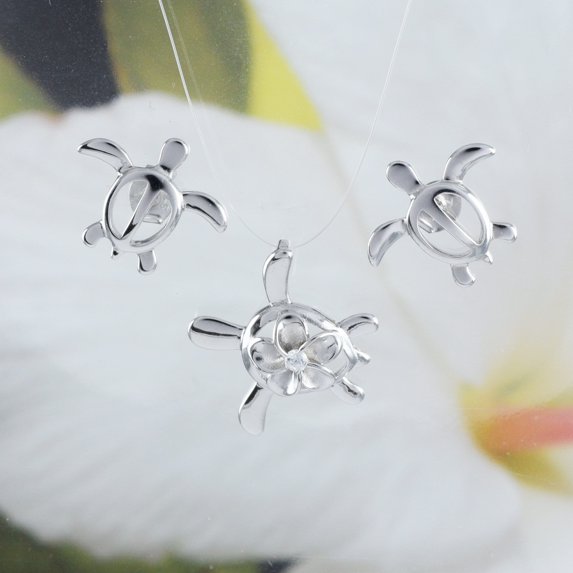 Beautiful Hawaiian Sea Turtle Plumeria Necklace and Earring, Sterling Silver Turtle Plumeria CZ Pendant, N6141S Birthday Valentine Mom Gift
