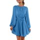 thumbnail image 5 of Vestido de cuello redondo para mujer elegante vestido corto plisado vestido de fiesta de noche de color sólido, 5 of 9