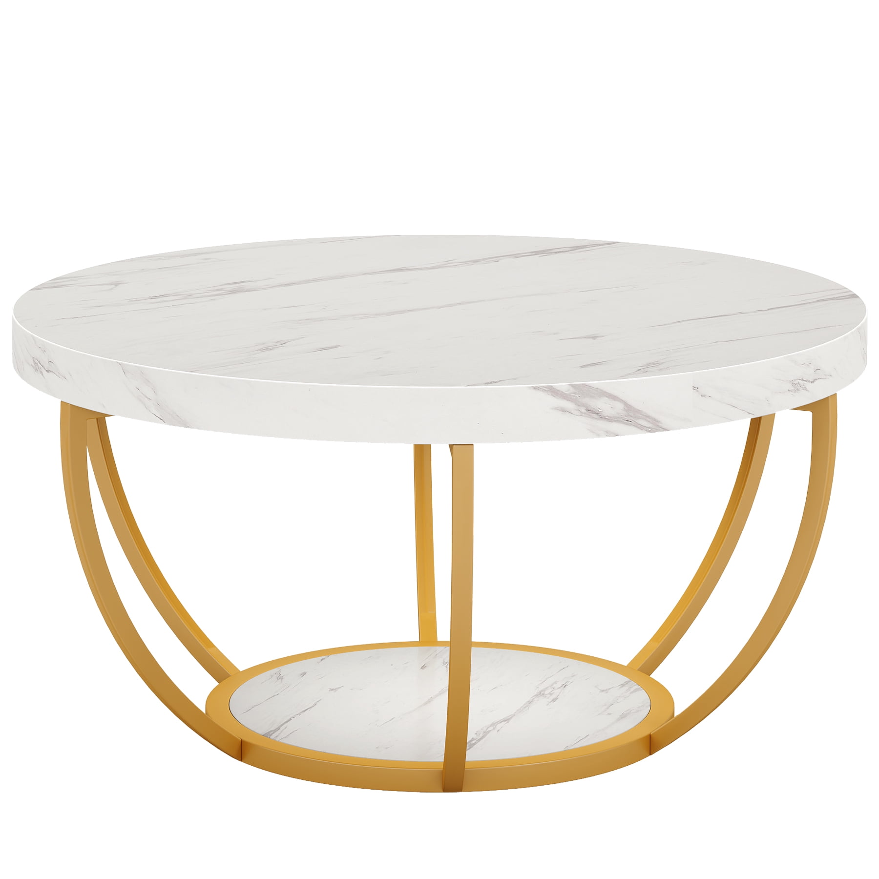 Fnova Coffee Table with 2 - Tier Storage, 32" Round Coffee Table with Metal Legs, Modern Rustic Style Center Table for Living Room, White and Gold