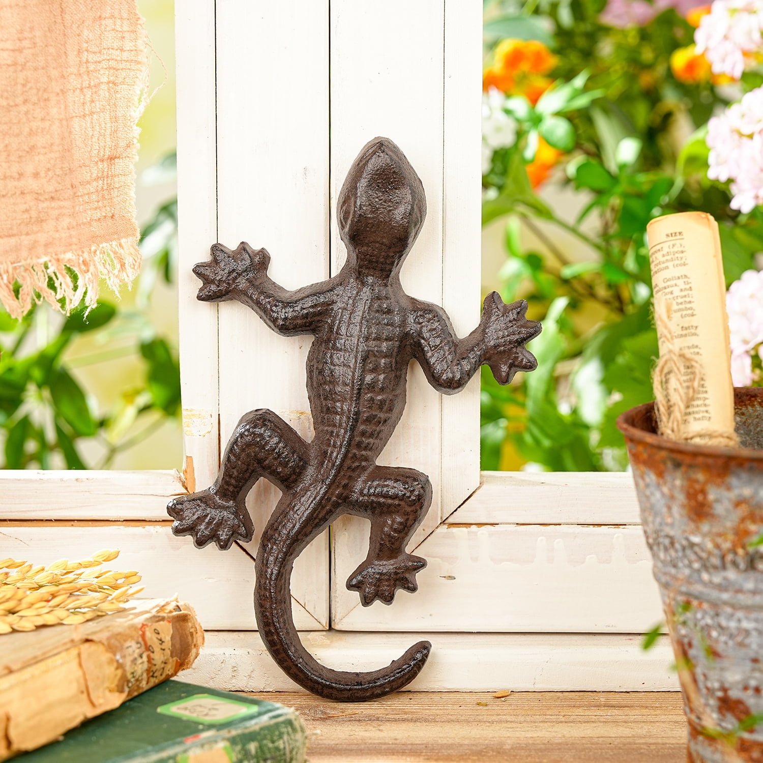 Sungmor Cast Iron Lizard Statue,Vintage Outdoor Animal Collection Figurines,Home Office Shelf Decor,Garden Lawn Adorable Ornament,Vintage Brown Finish - Straight Tail