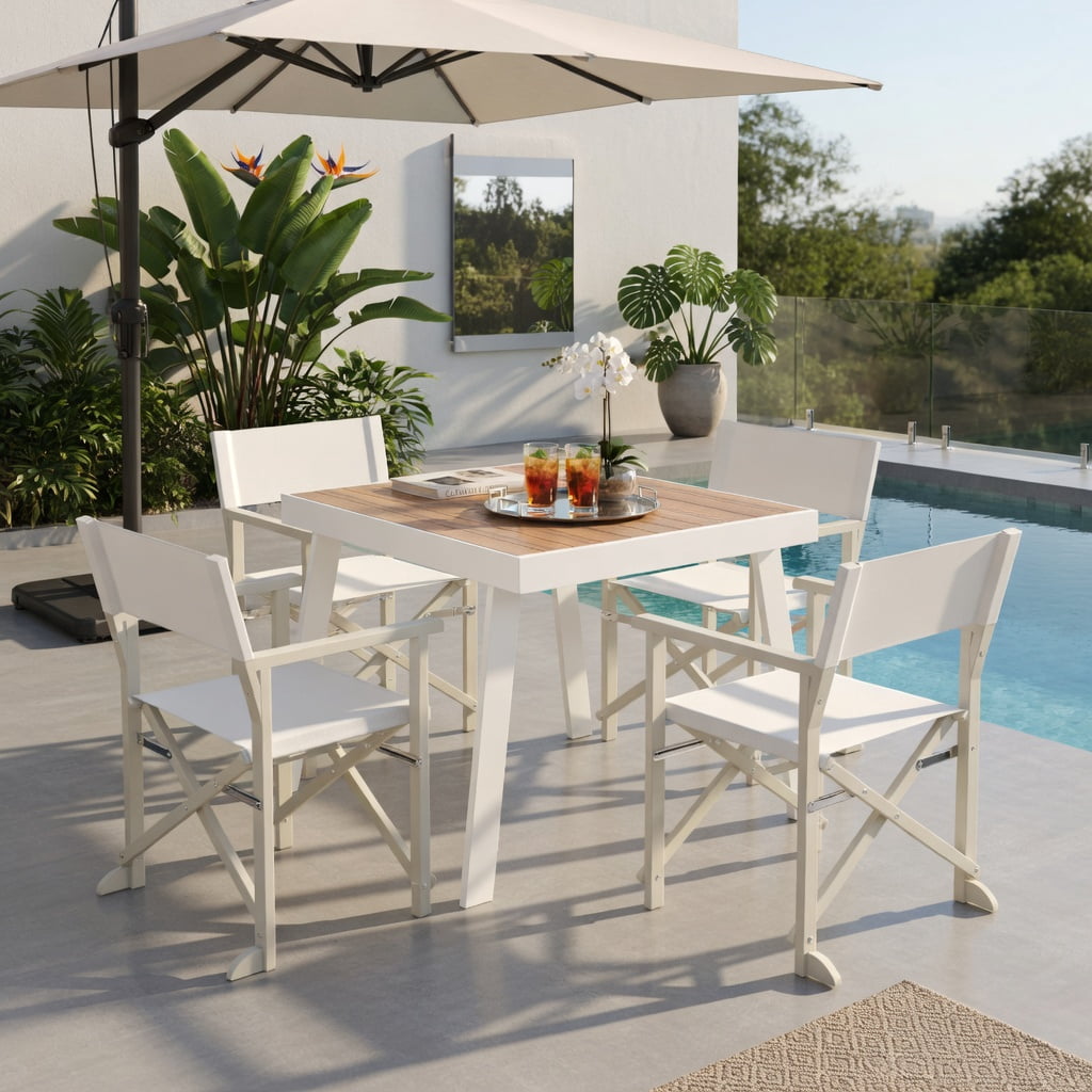 Hommoo Folding Director Chair, Off-White Oxford Fabric & Solid Acacia Wood Frame, Lightweight Outdoor Patio Chair with Machine-Washable Seat, Beige