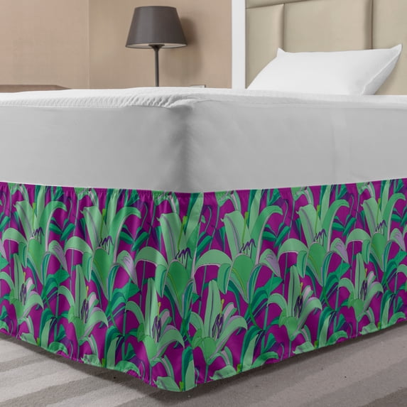 Floral Bed Skirt, Close up Silhouettes of Blossoming Hawaiian Plantation, Elastic Bedskirt Dust Ruffle Wrap Around for Bedding Decor, 4 Sizes, Dark Magenta Sea Green, by Ambesonne