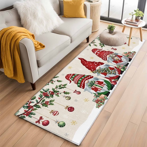 Runner Rug 2'x6', Red Gnomes Christmas Washable Non-Slip Hallway Runner Rugs, Xmas Ball Gifts Snowflake Rustic Bedside Rugs Floor Mats Carpet Runners for Kitchen Bathroom Laundry Room