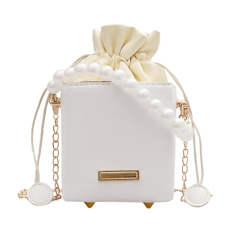 CHAMAIR Women Square Box Shoulder Bag PU Pearl Chain Mini Drawstring Tote  (White)
