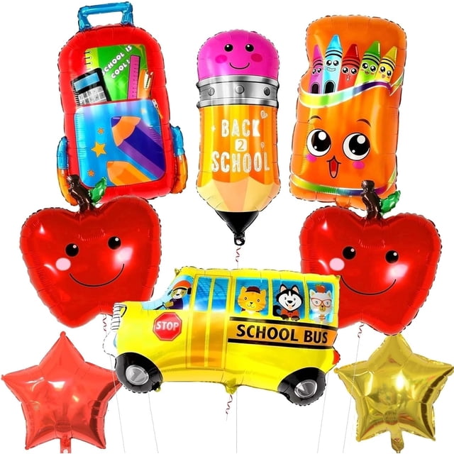 10PCS Large Back to School Balloons, Colorful Pencil Crayon Schoolbag Star School Bus Foil Balloons, Welcome Back to School Decorations First Day of School Decorations for Kindergarten Classroom