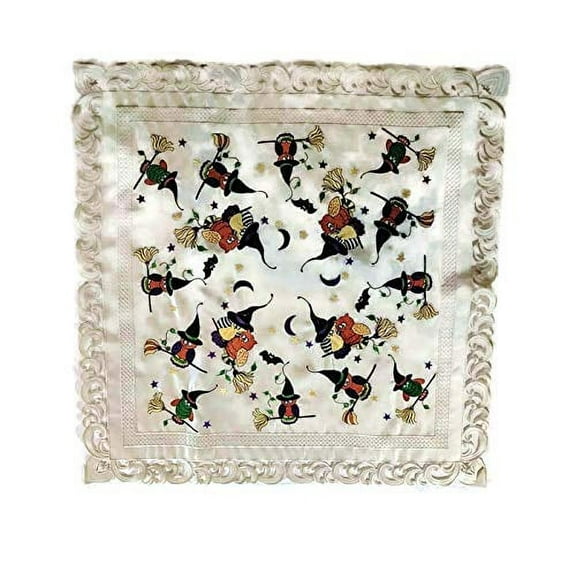 Doily Boutique Halloween Tablecloth or Table Topper Square with Owls and Witch Hats Embroidered on Ivory Fabric, Size 34 inches