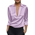 thumbnail image 2 of Antqov Satin Tops for Women, Solid Color Silk V Neck Lapel Casual Long Sleeve Blouses, Office Elegant Soft Loose Comfortable Dress Shirts, 2 of 9