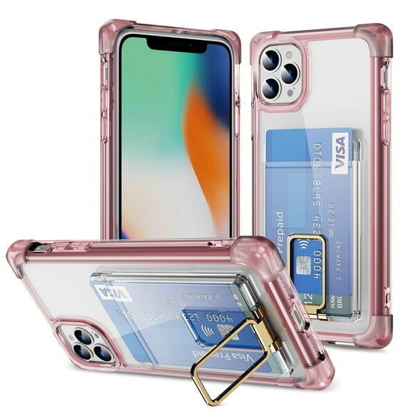 Allytech Clear Case for iPhone 16 Pro Max with Card Slot, Four Matte Corners Drop Protection, Ring Holder Kickstand, Shockproof Anti-Scratch Ultra Slim & Lightweight Case Cover, Pink