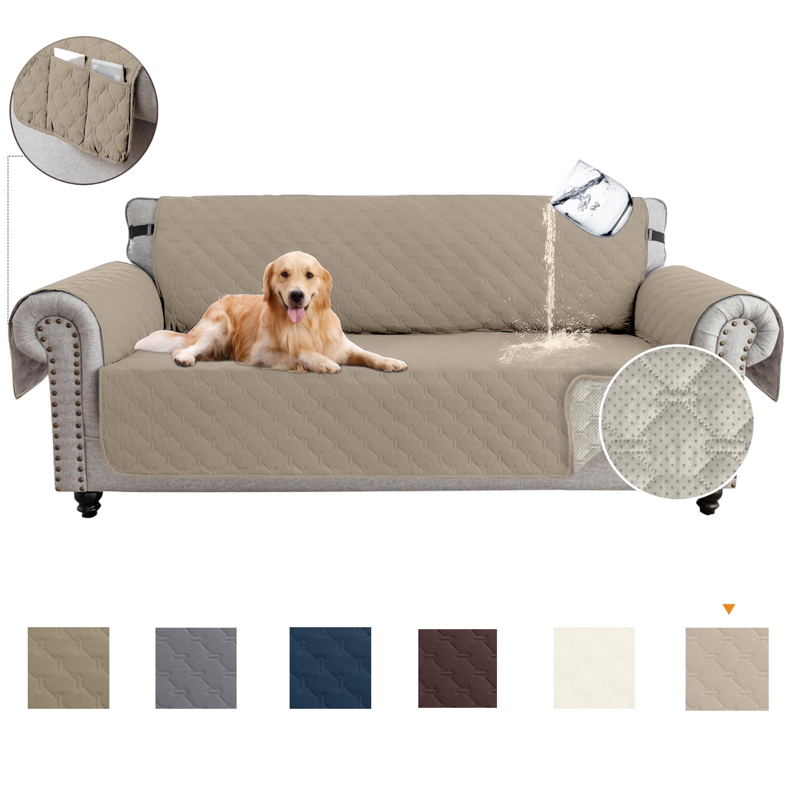 Sanmadrola Sofa Cover 100% Waterproof Couch Slipcovers Washable Non-Slip Furniture Protector with Pockets/Elastic Straps/Silicone Backing for Kids Pets Dogs, Khaki, Sofa