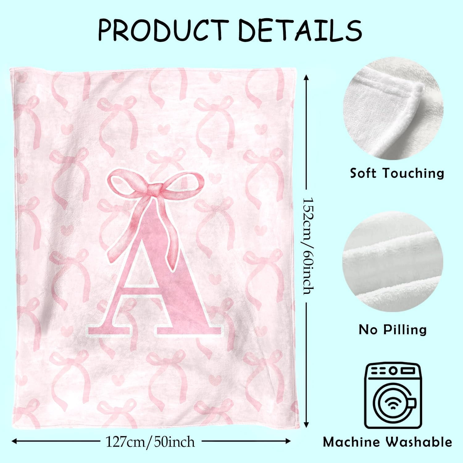 Coquette Pink Bow Throw Blanket, Personalized Initial Alphabet Fluffy Cozy Flannel Blanket, Monogrammed Gifts for Women, Unique Customized Blanket for Her Girls Christmas Birthday