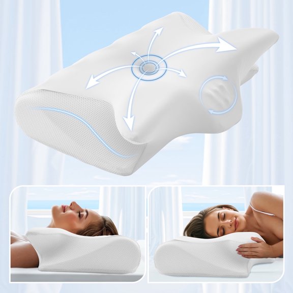 Vccoem Cervical Pillow for Neck Pain Relief, Ergonomic Hollow Design, Odorless Memory Foam Pillow for Sleeping, Orthopedic Contour Neck Support Pillows with Additional Pillowcase, Milk White