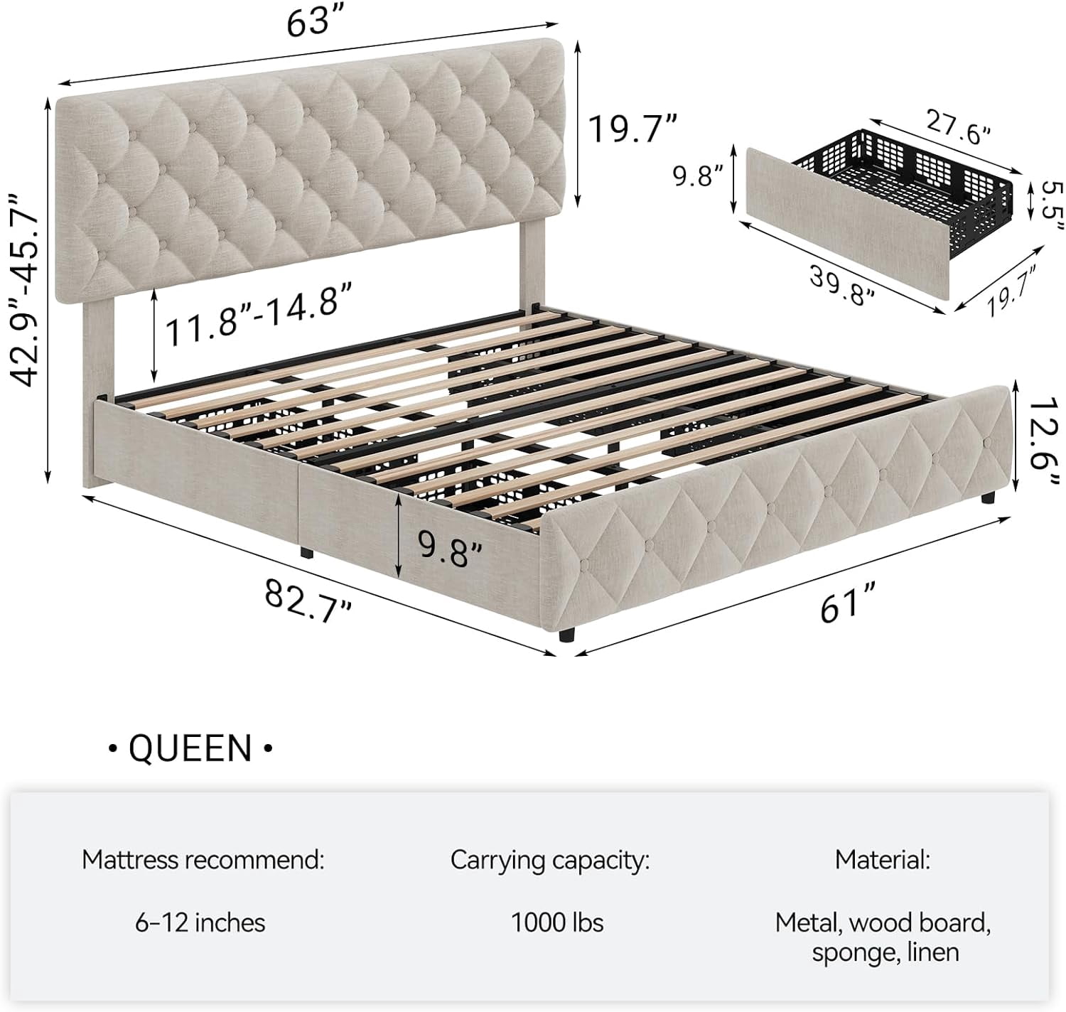 Queen Size Bed Frame with 4 Storage Drawers & Headboard, Linen Upholstered Platform Bed Frame, Stylish Diamond Tufted Design, No Box Spring Needed | Off - White